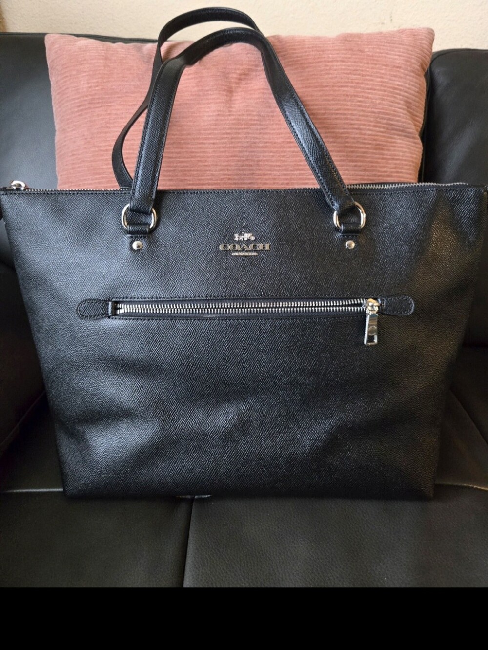 Coach Black Leather Tote with Interior Zip Pocket